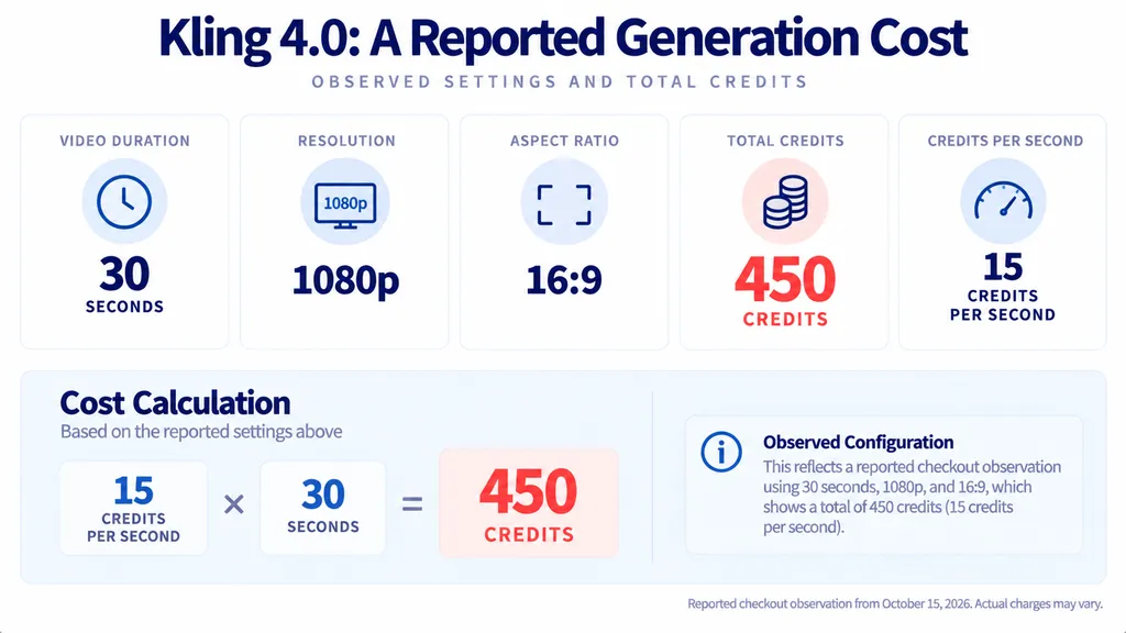 Kling 4.0 reported pricing snapshot showing 450 credits for a 30-second, 1080p, 16:9 generation, equivalent to 15 credits per second