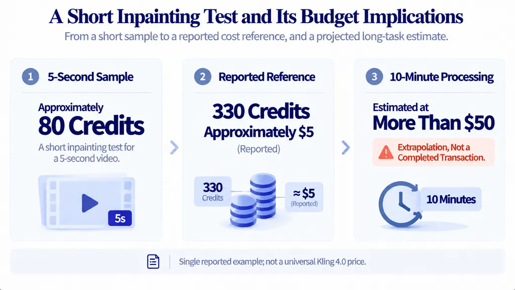 Reported five-second inpainting sample costing about 80 credits, a 330-credit reference of about $5, and an unverified estimate exceeding $50 for ten minutes of processing.