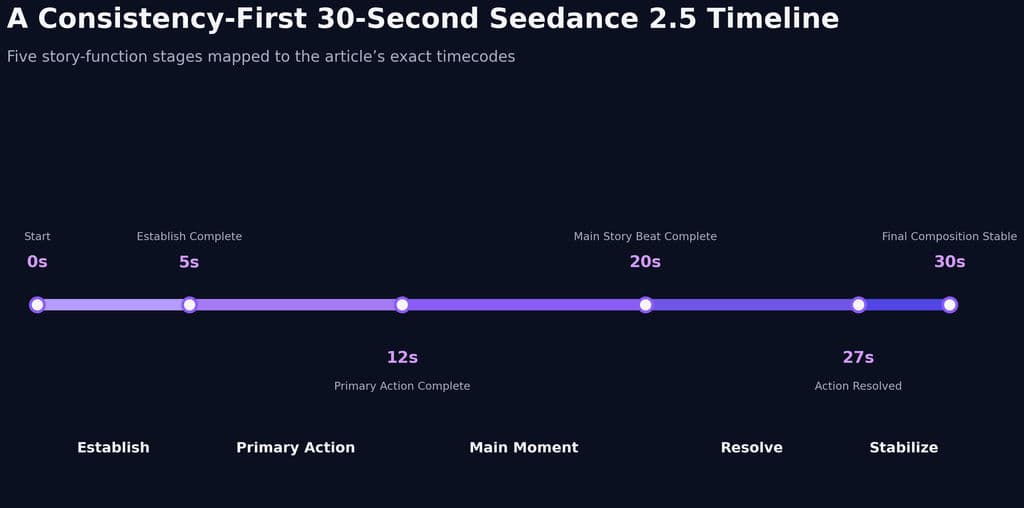 A 30-second Seedance 2.5 timeline divided into five timecoded stages: 0–5 seconds, 5–12 seconds, 12–20 seconds, 20–27 seconds, and 27–30 seconds.