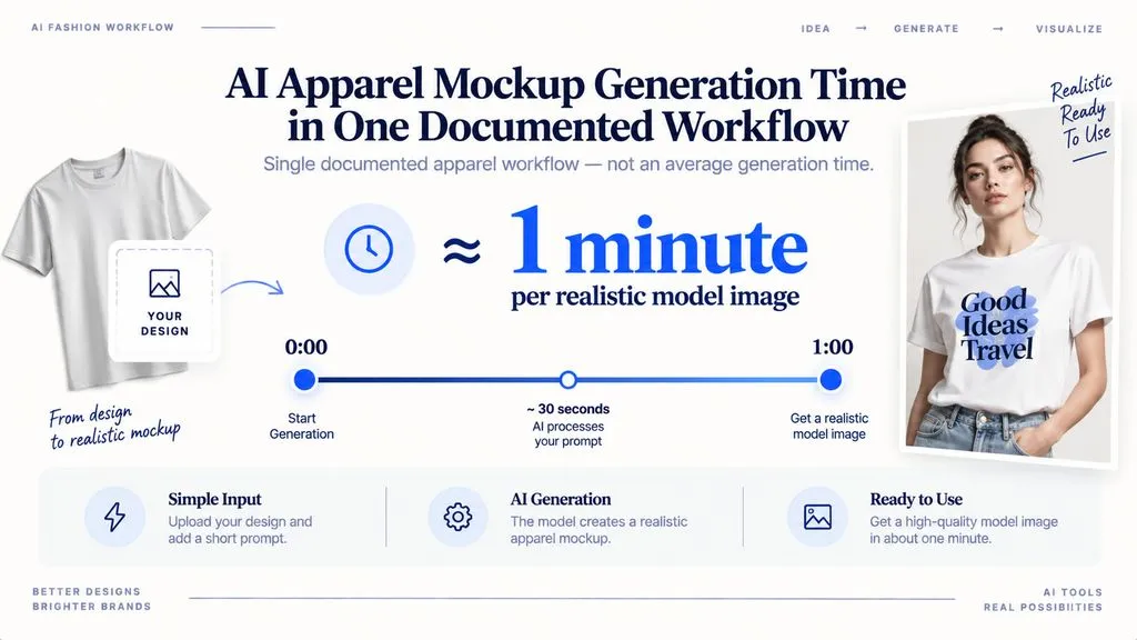 KPI chart showing approximately one minute to produce a realistic AI model image in one documented apparel workflow.