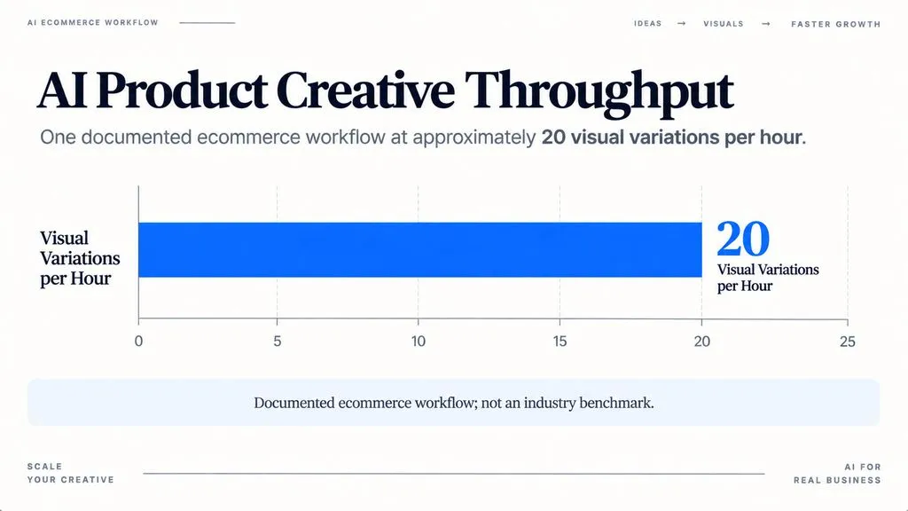AI Product Creative Throughput chart showing approximately 20 visual variations per hour in one documented ecommerce workflow