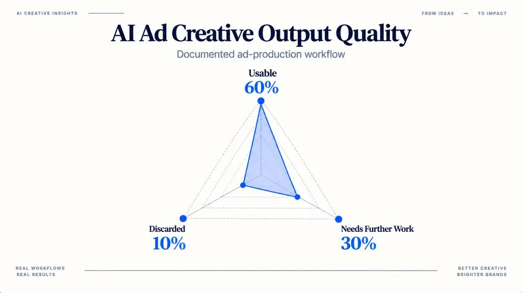 Radar chart showing an AI ad workflow with 60% usable outputs, 30% needing further work, and 10% discarded.