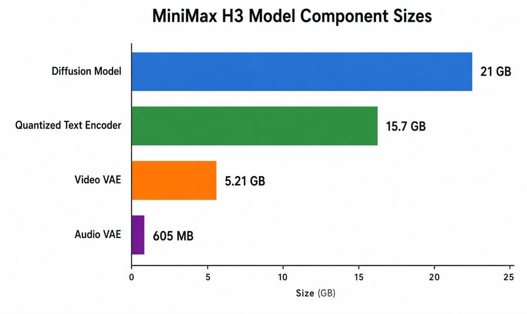 Bar chart comparing MiniMax H3 component sizes: 21 GB diffusion model, 15.7 GB quantized text encoder, 5.21 GB video VAE, and 605 MB audio VAE.