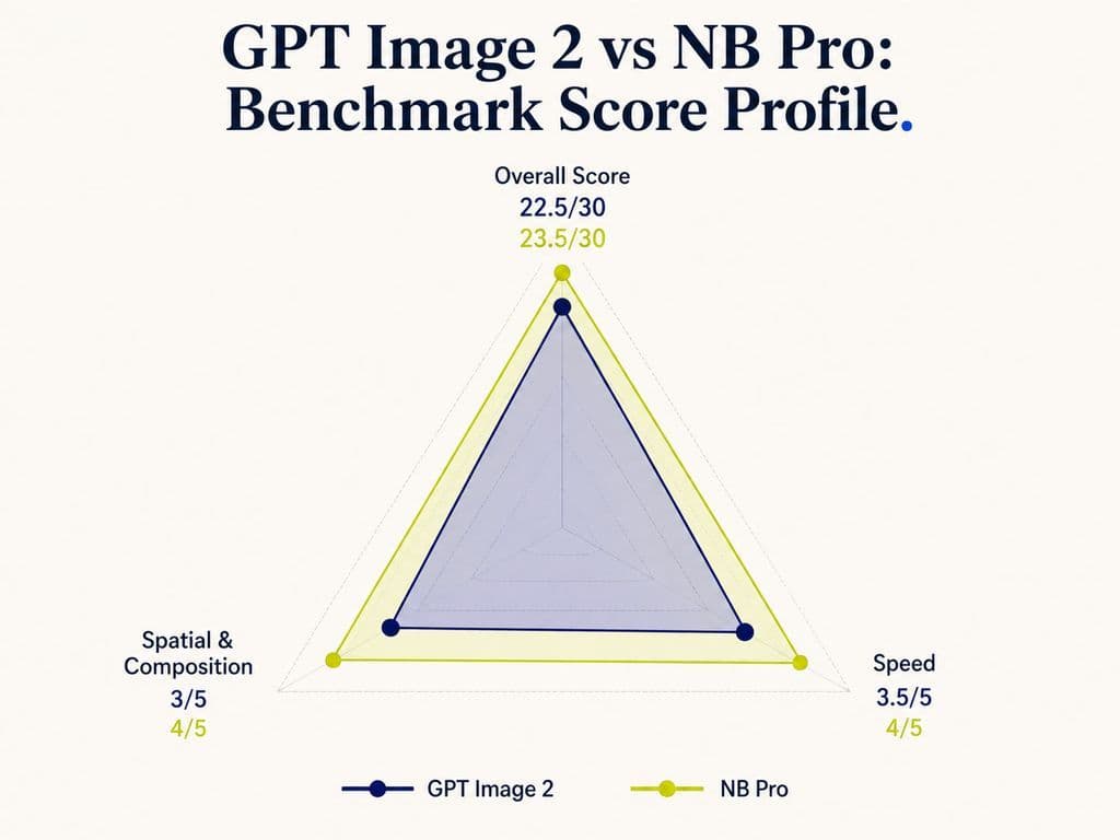Radar chart comparing GPT Image 2 and NB Pro using an overall score of 22.5 out of 30 versus 23.5 out of 30, spatial scores of 3 out of 5 versus 4 out of 5, and speed scores of 3.5 out of 5 versus 4 out of 5.