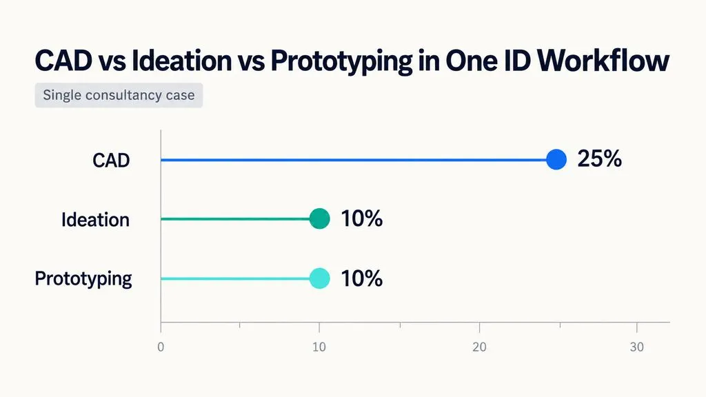 Lollipop chart comparing CAD at 25% with ideation and prototyping at 10% each in one industrial design consultancy workflow.