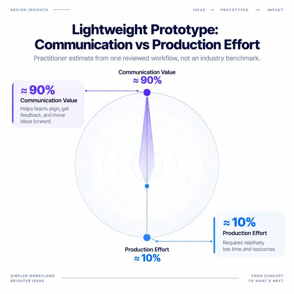 Minimal radar comparison visualizing a practitioner estimate of approximately 90% communication value and 10% production effort for lightweight prototyping.