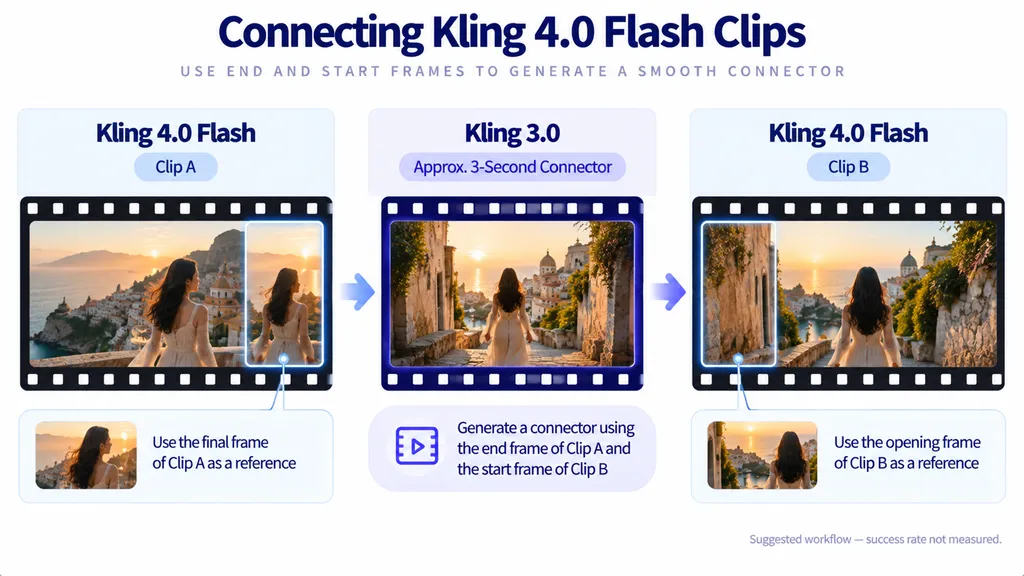 Workflow timeline illustrating a proposed approximately 3-second Kling 3.0 transition between two Kling 4.0 Flash clips.