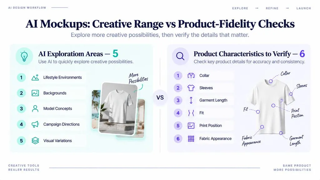 Comparison chart showing 5 AI-assisted creative exploration areas and 6 product characteristics that should be checked for fidelity in AI-generated apparel mockups.