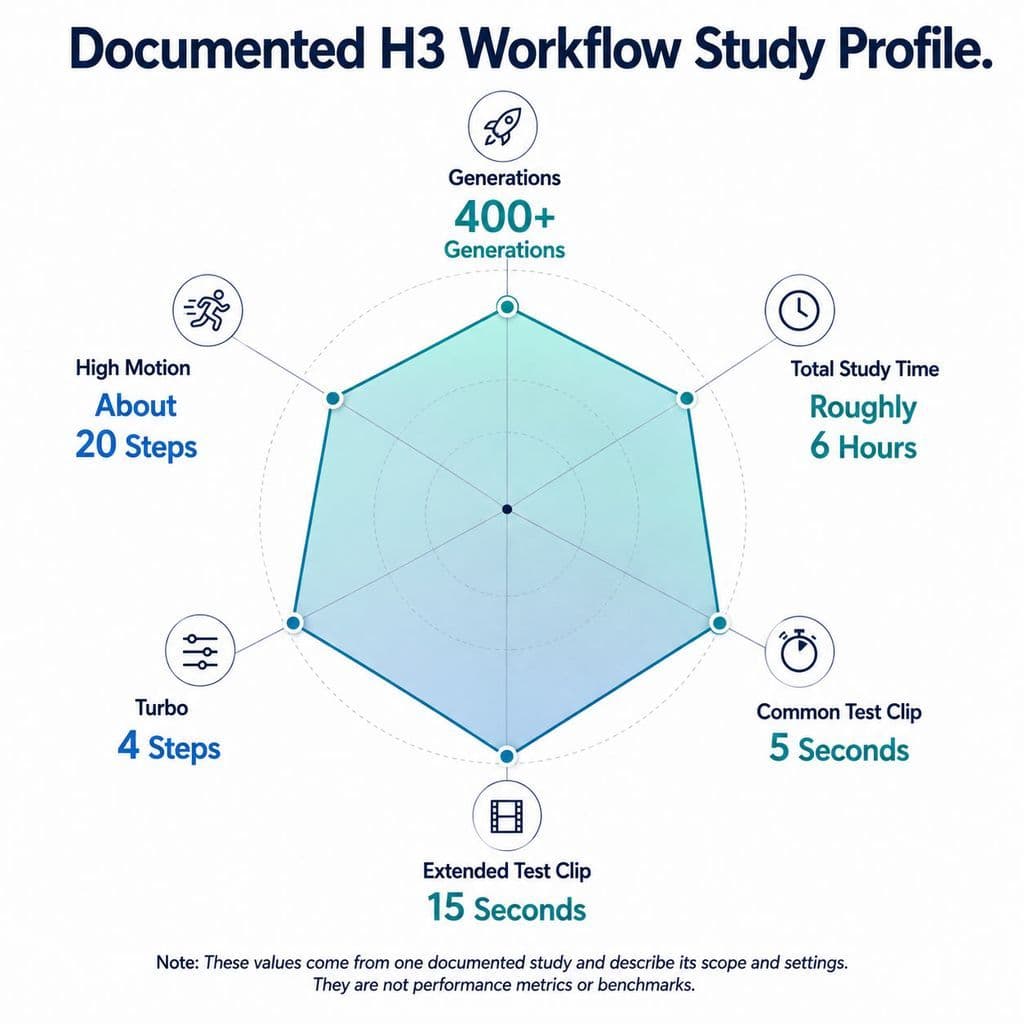 Radar-style profile summarizing one documented H3 study with more than 400 generations over roughly six hours, common 5-second tests, 15-second extended tests, 4-step Turbo iteration, and about 20 steps for high-motion sequences.