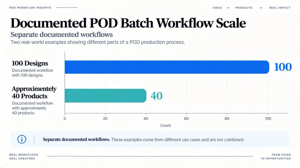 Horizontal bar chart showing separate documented POD workflows involving 100 designs and approximately 40 products.