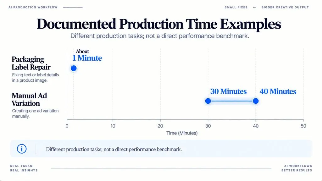 Range comparison chart showing about one minute for a documented packaging label repair workflow and 30–40 minutes for a manual ad variation, with a note that they are different production tasks.