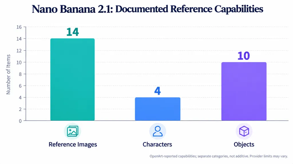 Bar chart showing OpenArt-reported Nano Banana 2.1 capabilities of up to 14 reference images, 4 characters, and 10 objects as separate categories.