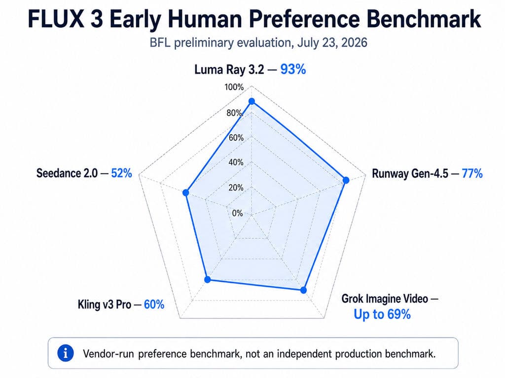 Radar chart showing FLUX 3 early human preference results of 93% versus Luma Ray 3.2, 77% versus Runway Gen-4.5, up to 69% versus Grok Imagine Video, 60% versus Kling v3 Pro, and 52% versus Seedance 2.0.
