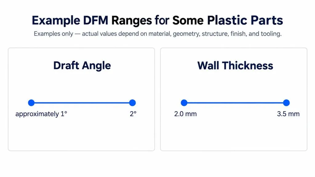 Two-panel DFM range chart showing an example draft angle of approximately 1 to 2 degrees and wall thickness of 2.0 to 3.5 millimeters.