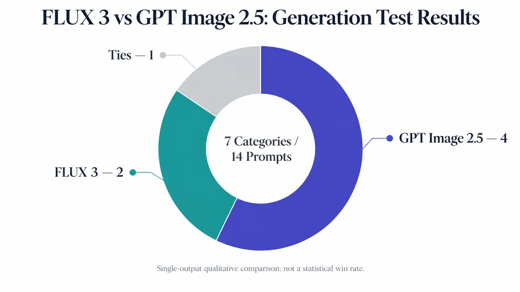 Donut chart comparing FLUX 3 Image and GPT Image 2.5 across seven generation categories, with GPT Image 2.5 leading four, FLUX 3 leading two, and one tied.