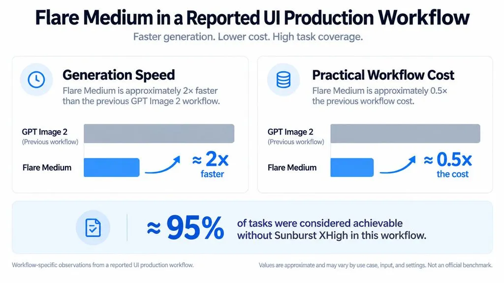 Comparison infographic showing a reported UI workflow where Flare Medium was about 2× faster, cost about 0.5× as much in practice, and around 95% of tasks did not require Sunburst XHigh.
