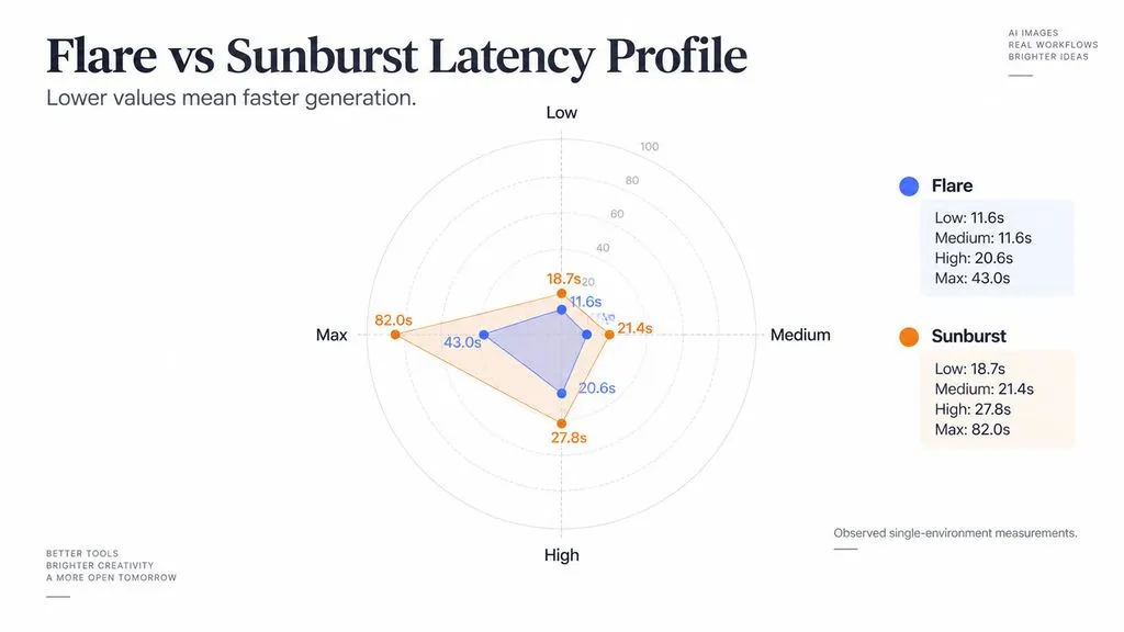 Radar chart showing the latency profile of GPT Image 2.5 Flare and Sunburst across Low, Medium, High, and Max quality settings, with lower values representing faster generation.