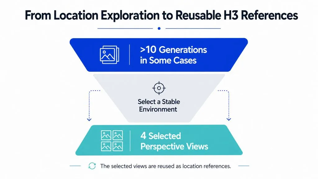 Funnel chart showing a documented MiniMax H3 location-consistency workflow that sometimes required more than 10 generations before four perspective views were selected as reusable location references.