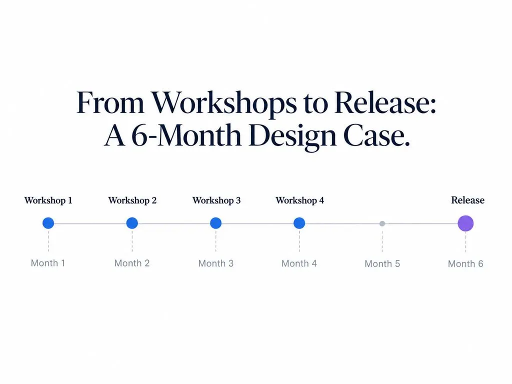 Six-month project timeline showing approximately monthly workshops during months 1 through 4 and a product release around month 6.