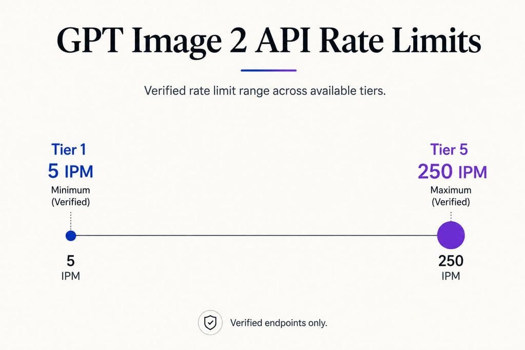 Range chart showing GPT Image 2 API rate limits from 5 images per minute at Tier 1 to 250 images per minute at Tier 5.