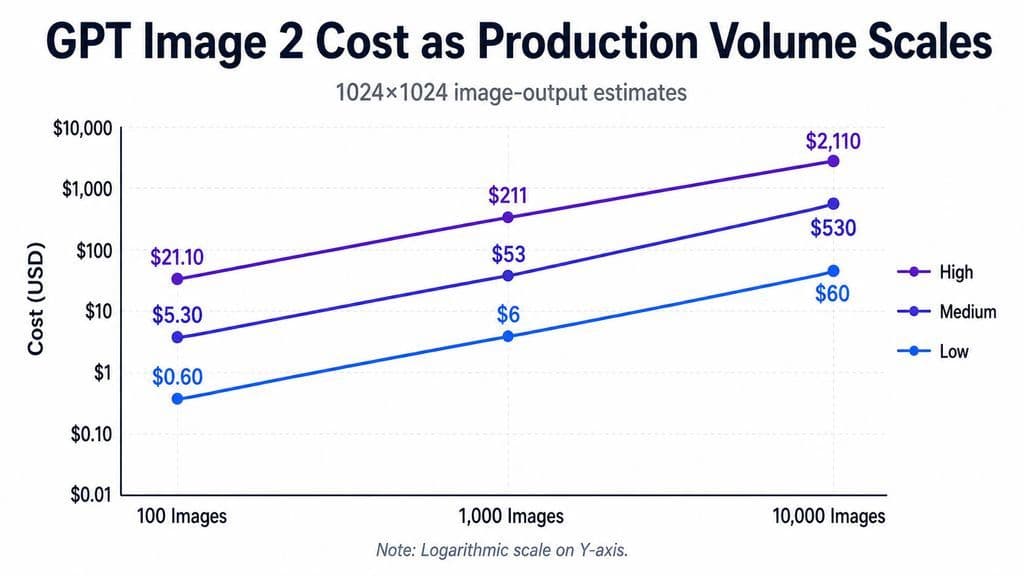 Line chart showing GPT Image 2 production costs for 100, 1,000, and 10,000 images, ranging from $0.60 to $60 at Low, $5.30 to $530 at Medium, and $21.10 to $2,110 at High.
