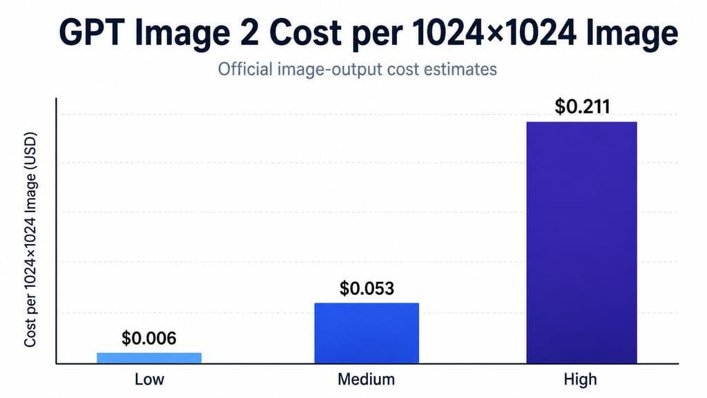 Bar chart comparing GPT Image 2 cost per 1024×1024 image: Low costs $0.006, Medium $0.053, and High $0.211.