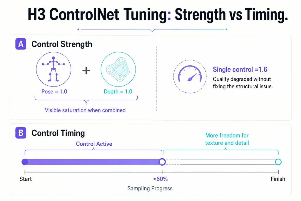 Two-panel MiniMax H3 ControlNet tuning graphic showing Pose 1.0 plus Depth 1.0 causing saturation, a single control around 1.6 degrading quality, and one test ending control at roughly 60% of sampling.