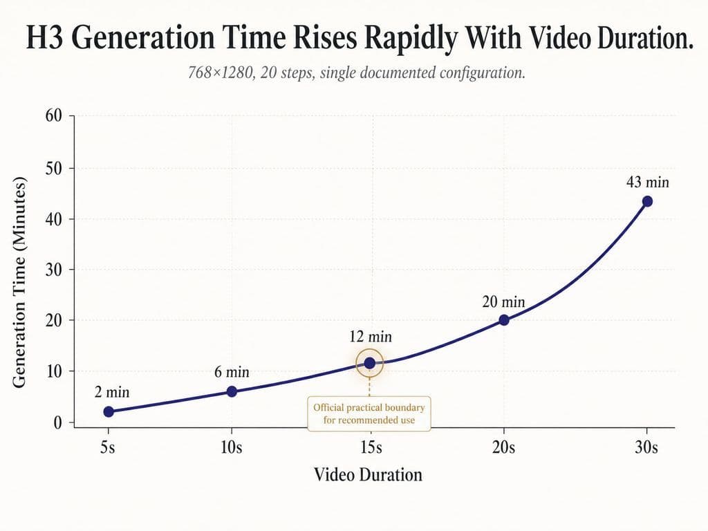 Line chart showing H3 generation time increasing from about 2 minutes for 5 seconds to 43 minutes for 30 seconds at 768×1280 and 20 steps.