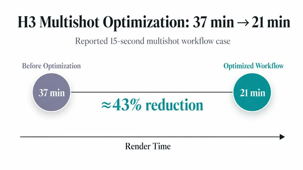 Dumbbell chart showing a reported 15-second H3 multishot workflow improving from 37 minutes to 21 minutes, approximately a 43 percent reduction