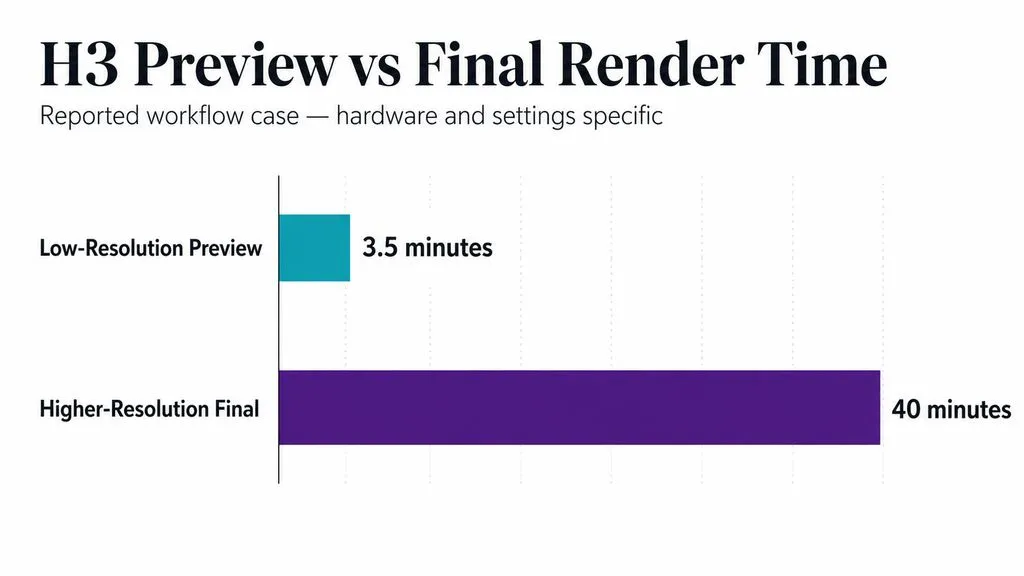 Horizontal bar chart comparing a 3.5-minute low-resolution H3 preview with a 40-minute higher-resolution final render for a 14-second workflow case.