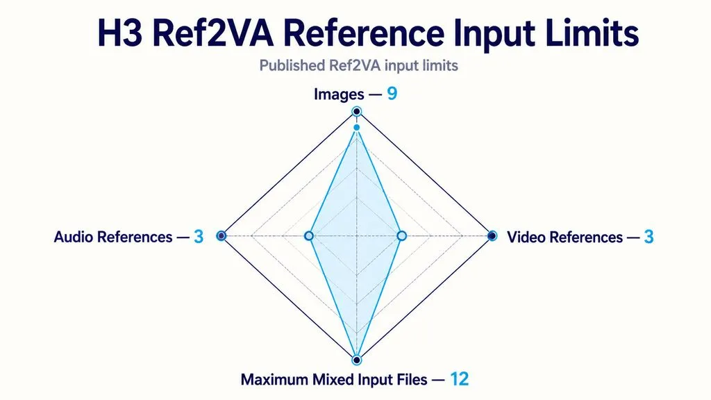 Radar chart showing H3 Ref2VA input limits: up to 9 images, 3 video references, 3 audio references, and a maximum of 12 mixed input files.