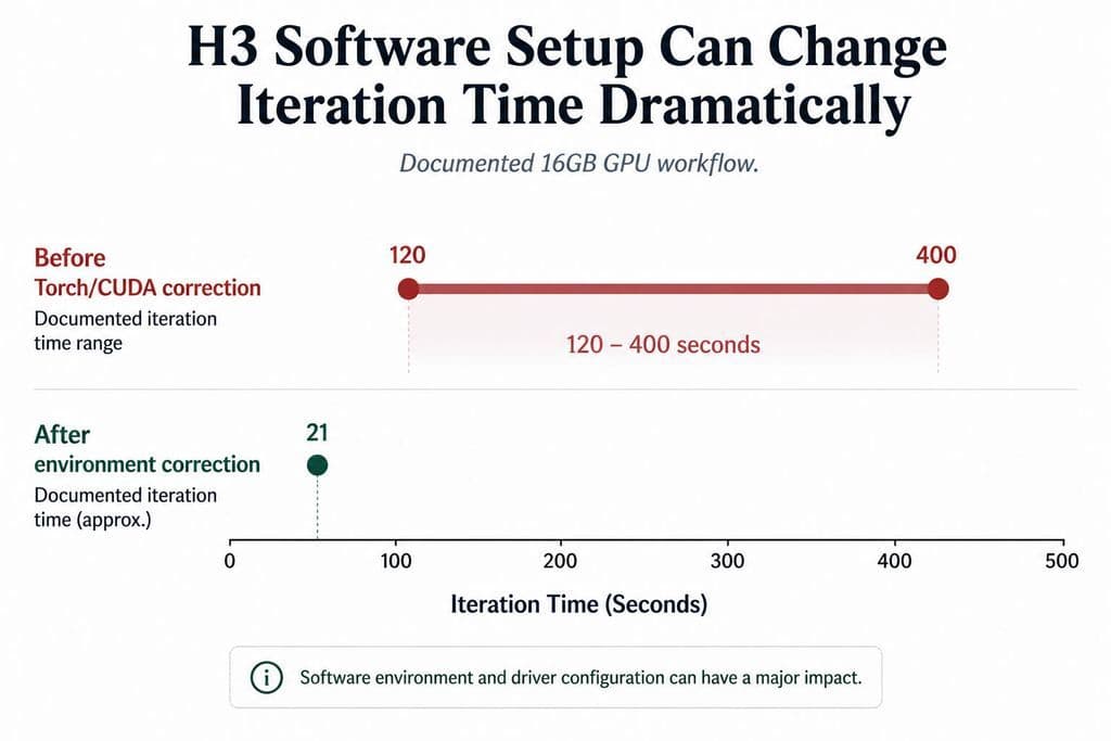 Range chart showing H3 iteration time of approximately 120–400 seconds before a Torch/CUDA environment correction and about 21 seconds afterward on a documented 16GB GPU workflow.