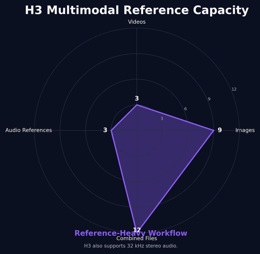 Radar chart showing H3 multimodal reference limits of up to 9 images, 3 videos, 3 audio references, and 12 combined files, with support for 32 kHz stereo audio.