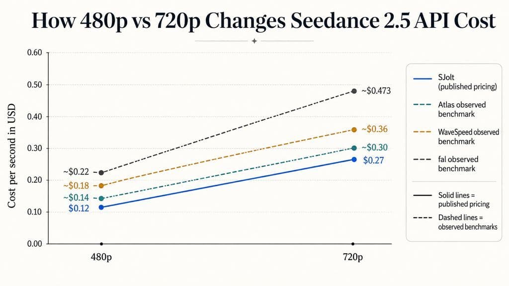 Line chart showing higher Seedance 2.5 API costs at 720p than 480p: SJolt rises from $0.12/s to $0.27/s, Atlas benchmark from about $0.14/s to $0.30/s, WaveSpeed benchmark from about $0.18/s to $0.36/s, and fal benchmark from about $0.22/s to $0.473/s.