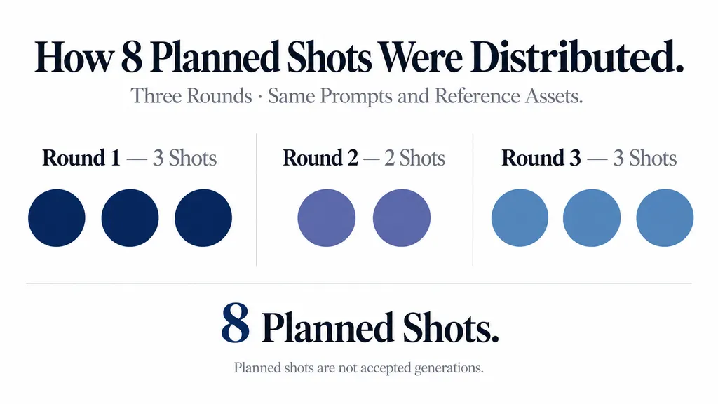 Dot-matrix infographic showing eight planned video shots distributed across three comparison rounds: three, two, and three shots