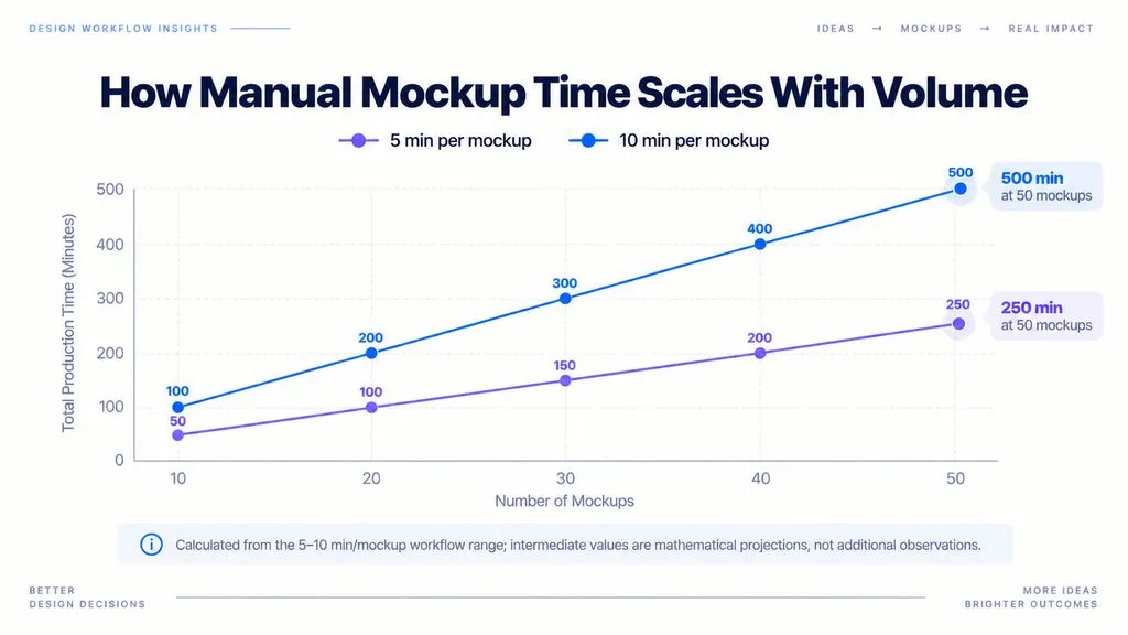 Line chart projecting manual production time from 10 to 50 mockups using the reviewed workflow range of 5 to 10 minutes per mockup.