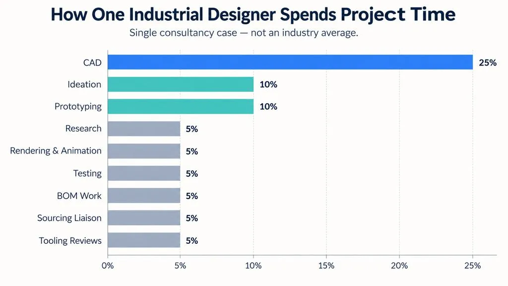 Horizontal bar chart showing one industrial design consultancy workflow: CAD 25%, ideation 10%, prototyping 10%, and six additional activities at 5% each.