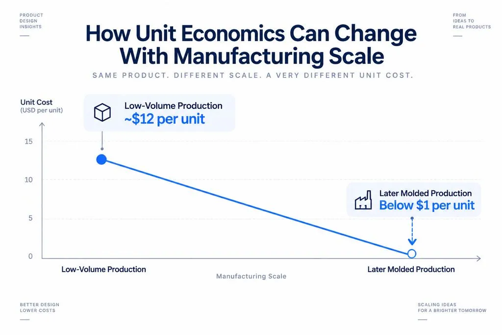 Slope chart showing unit cost moving from about $12 in low-volume production to below $1 in later molded production.
