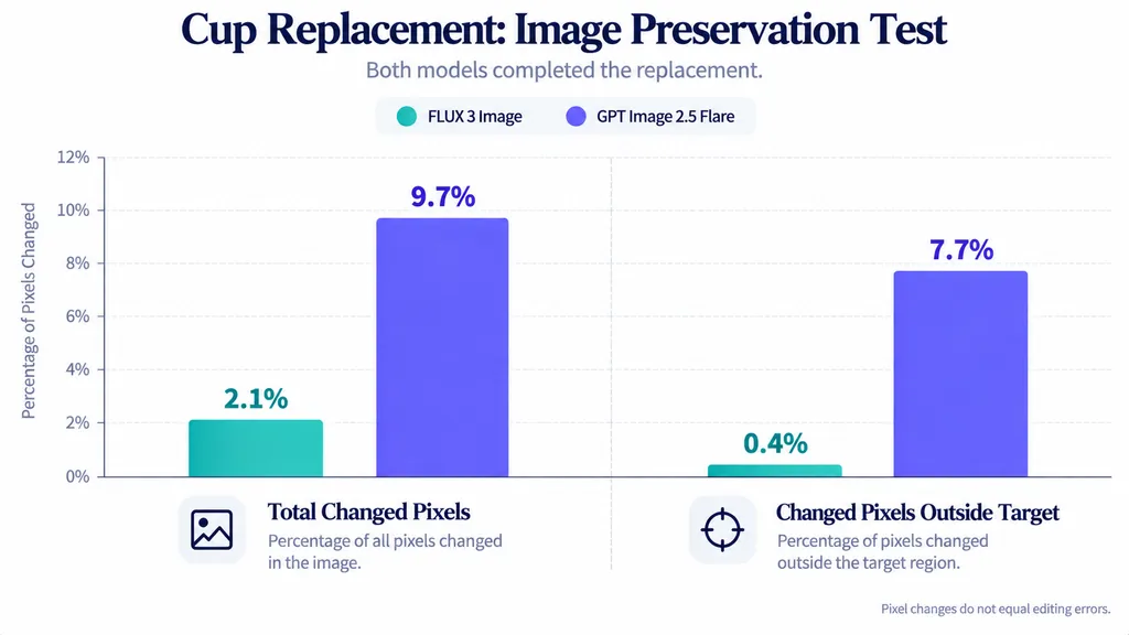 Grouped bar chart comparing FLUX 3 Image and GPT Image 2.5 Flare in a cup replacement test, showing total pixel changes of 2.1% versus 9.7% and outside-target changes of 0.4% versus 7.7%.