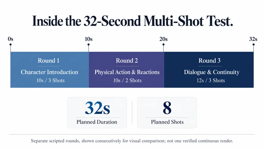 Proportional 32-second timeline showing three planned comparison rounds with durations of 10, 10, and 12 seconds and a total of eight scripted shots.