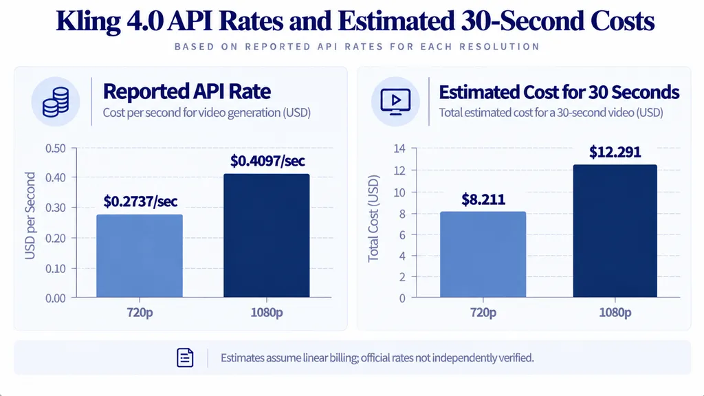 Comparison of reported Kling 4.0 API rates and calculated 30-second costs for 720p and 1080p video generation.