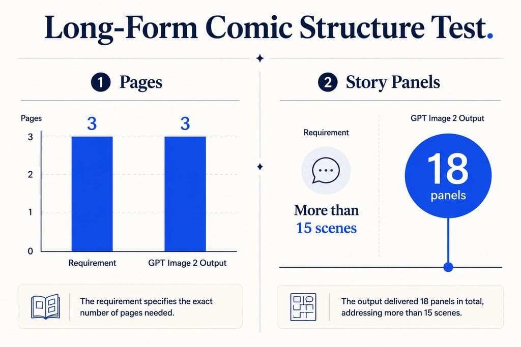 Dual-metric chart showing a three-page comic requirement matched by GPT Image 2 with three pages, plus an output of 18 panels for a task requiring more than 15 scenes.