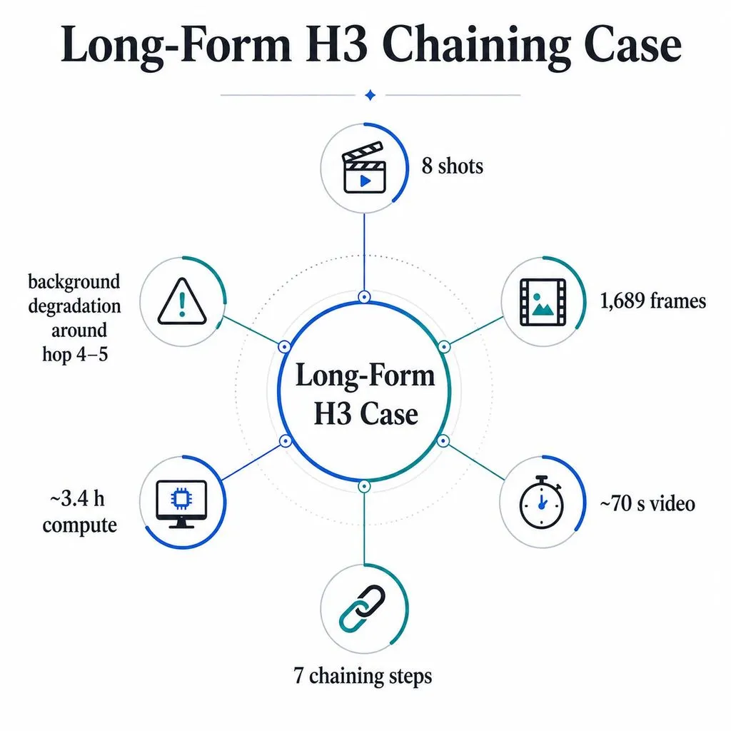 Radar-style data wheel showing an H3 long-form chaining case with 8 shots, 1,689 frames, about 70 seconds of video, 7 chaining steps, and about 3.4 hours of compute