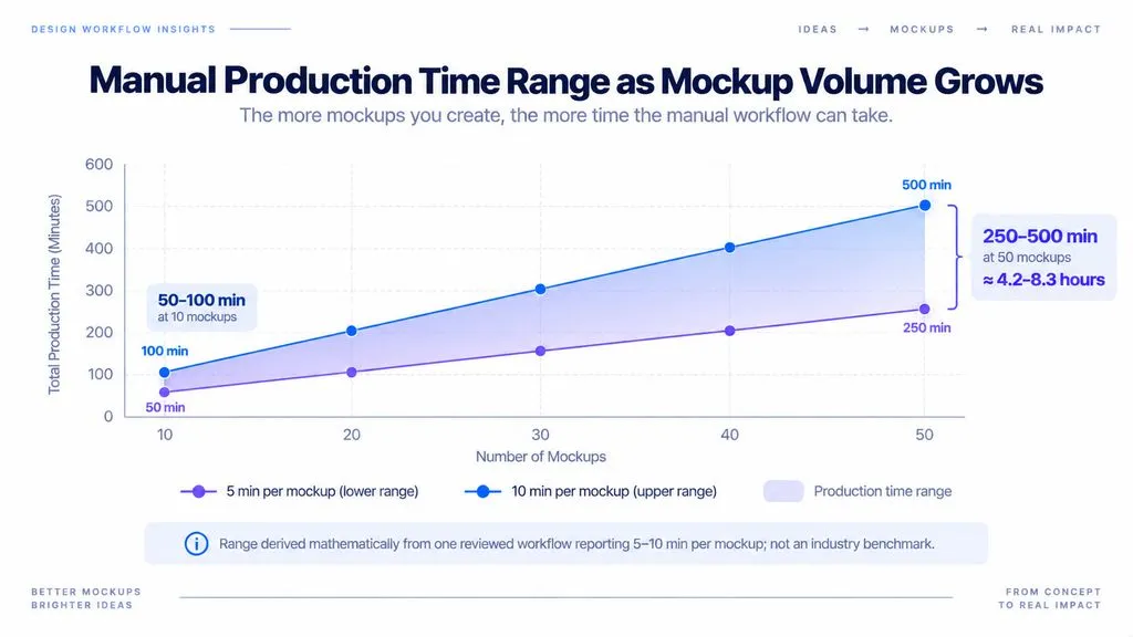Area chart showing manual mockup production time increasing from a calculated 50–100 minutes for 10 mockups to 250–500 minutes, or about 4.2–8.3 hours, for 50 mockups.