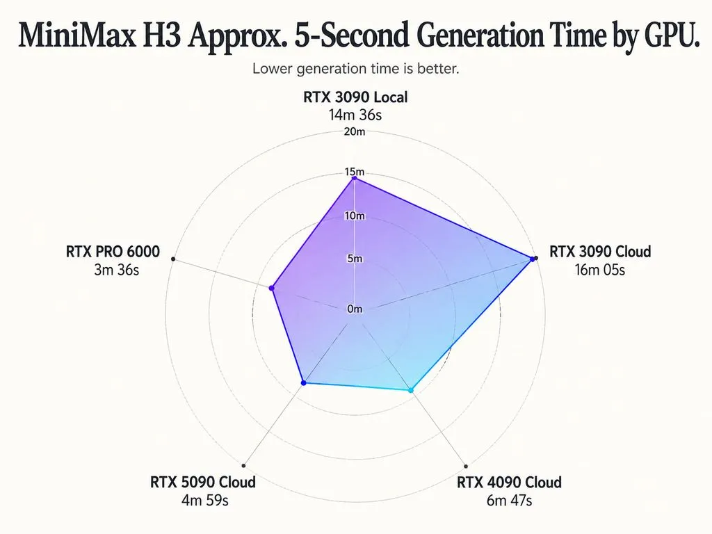 Radar chart comparing documented approximate five-second MiniMax H3 generation times across RTX 3090 local and cloud, RTX 4090, RTX 5090, and RTX PRO 6000 GPUs.