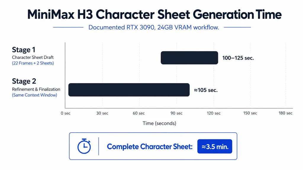 Bar chart showing a documented MiniMax H3 character-sheet workflow on an RTX 3090 with 24GB VRAM: Stage 1 took about 100 to 125 seconds, Stage 2 about 105 seconds, and the complete sheet about 3.5 minutes.