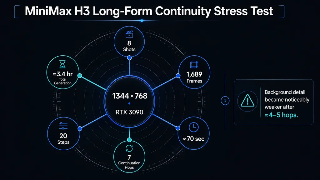 Radar-style data profile of a MiniMax H3 long-form stress test with eight shots, 1,689 frames, about 70 seconds, seven continuation hops, 20 steps, and about 3.4 hours of total generation on an RTX 3090 at 1344 by 768.