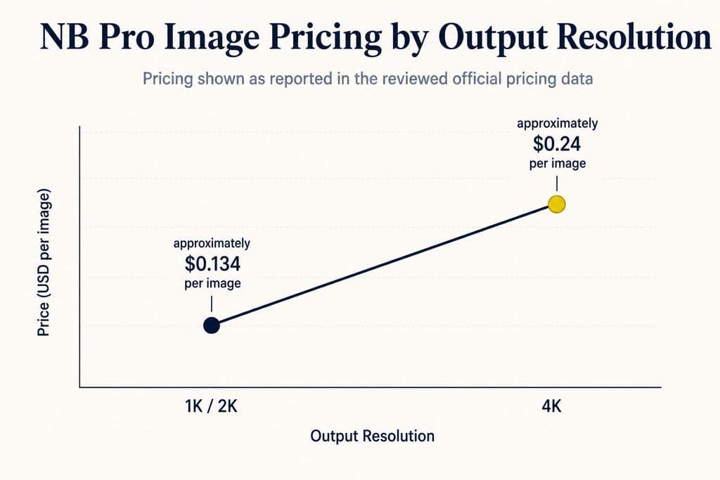 Line chart showing NB Pro image pricing at approximately $0.134 for 1K or 2K output and approximately $0.24 for 4K output.
