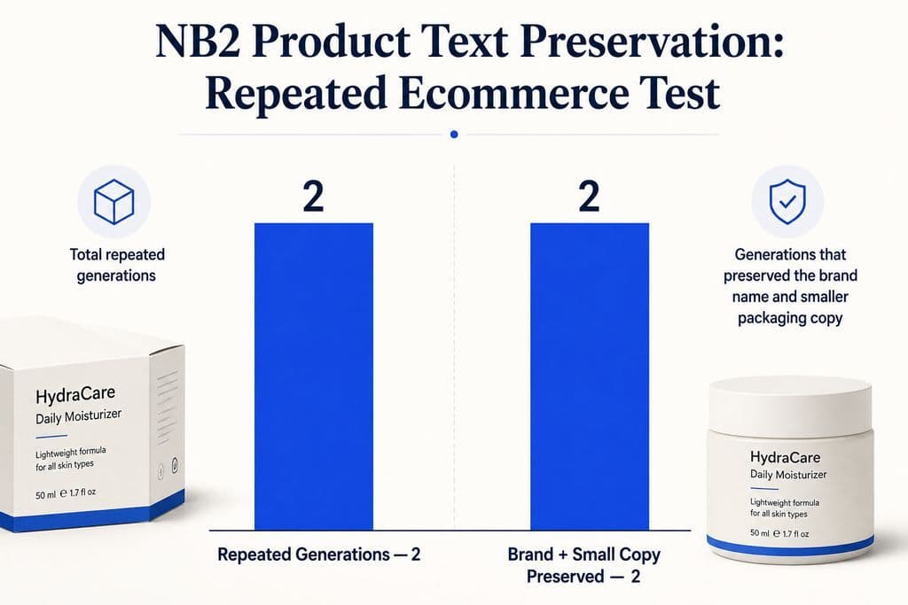 Comparison chart showing two repeated NB2 ecommerce generations and two generations that preserved the brand name and smaller packaging copy.