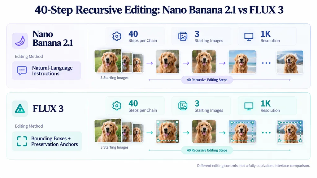 Comparison infographic showing 40 recursive editing steps, three starting images, and 1K resolution for Nano Banana 2.1 and FLUX 3, with different editing-control methods.